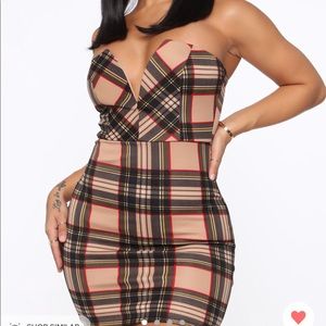 fashion nova: plaid you later mini dress beige